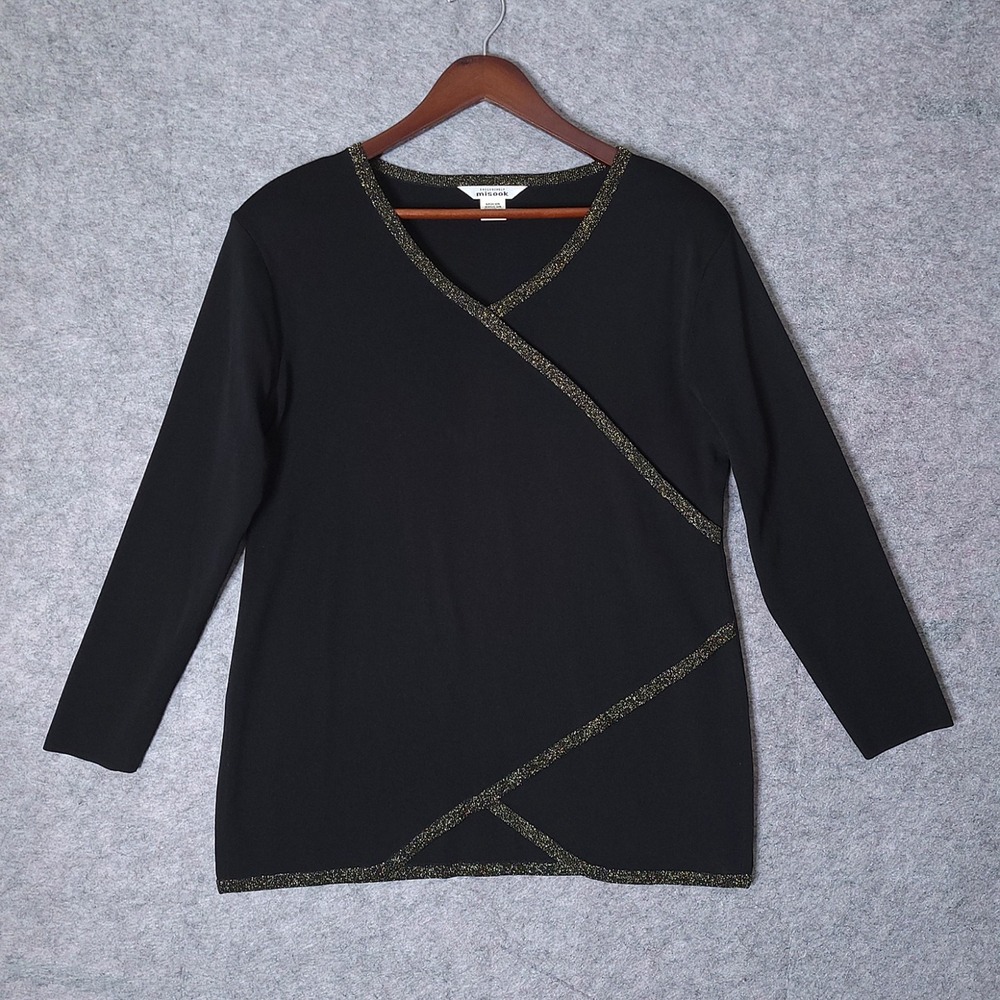 MISOOK Black Knit Long Sleeve V-Neck Crisscross Metallic Gold Tunic Top Large
